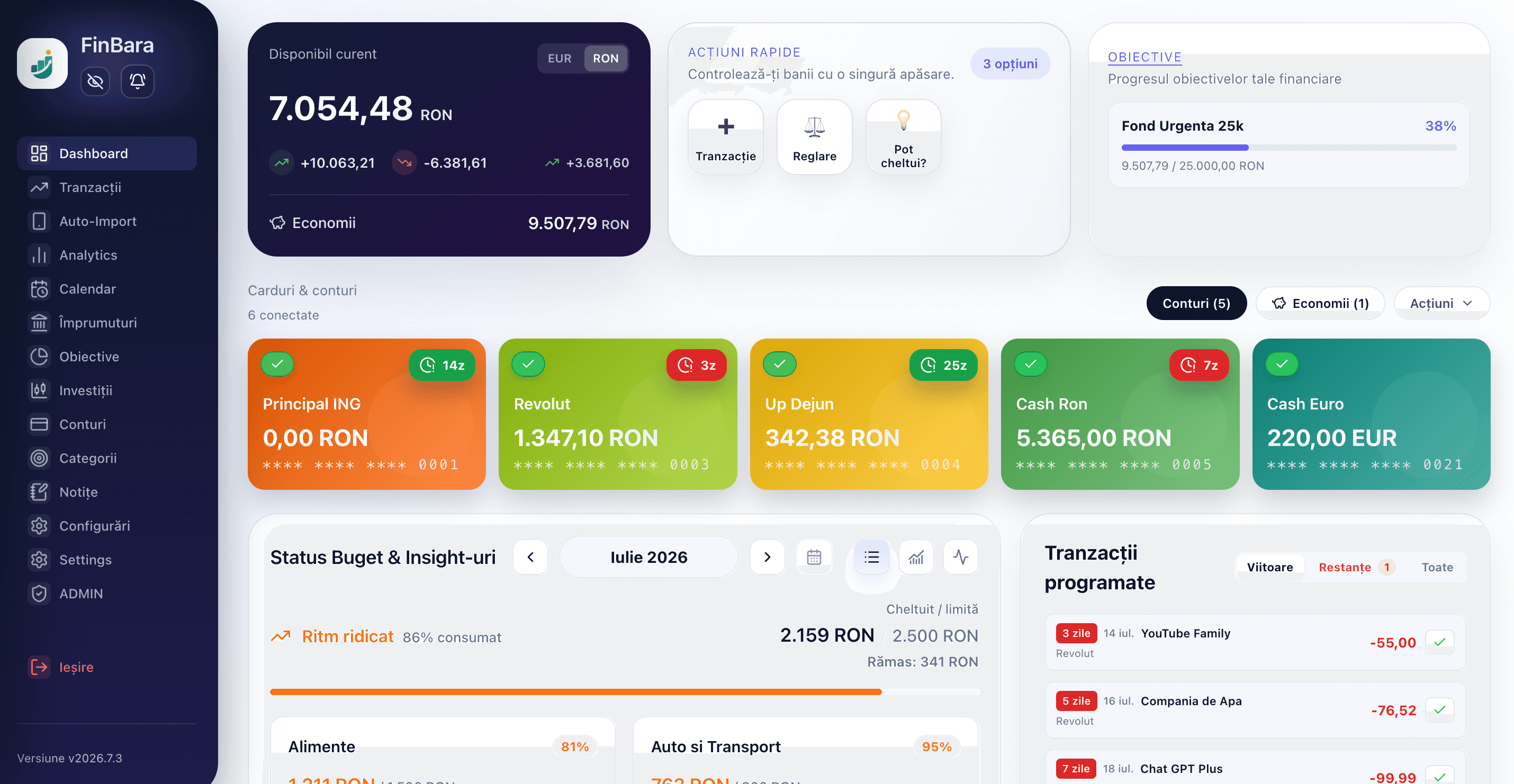 Dashboard FinBara cu solduri, conturi, bugete și tranzacții programate