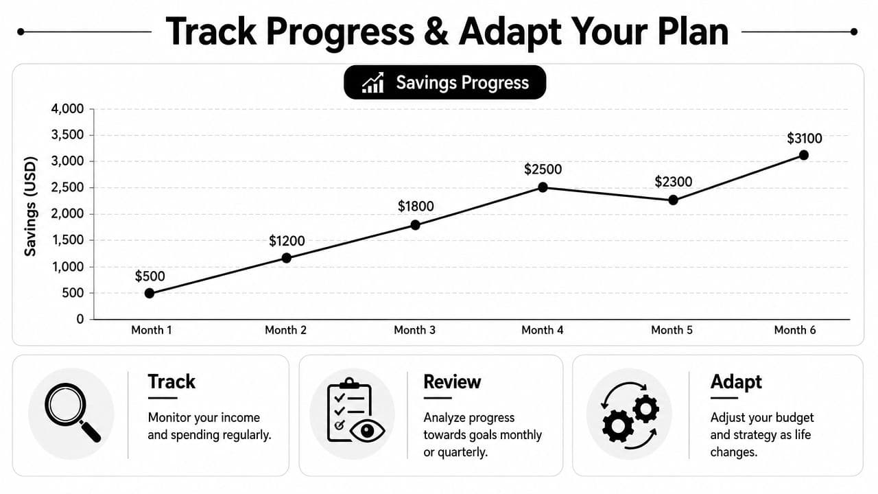 A line chart showing monthly savings growth from Month 1 to Month 6 with tips on tracking and adapting.