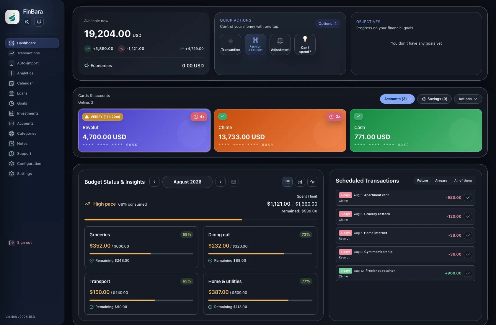 FinBara English demo dashboard showing USD income and expenses, three account balances, four category budgets, and five scheduled transactions