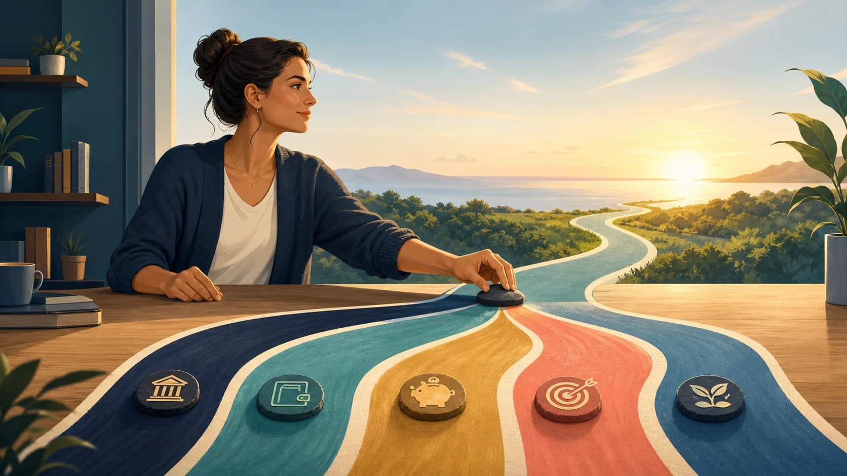 A calm personal finance workspace where several financial paths converge into one clear direction